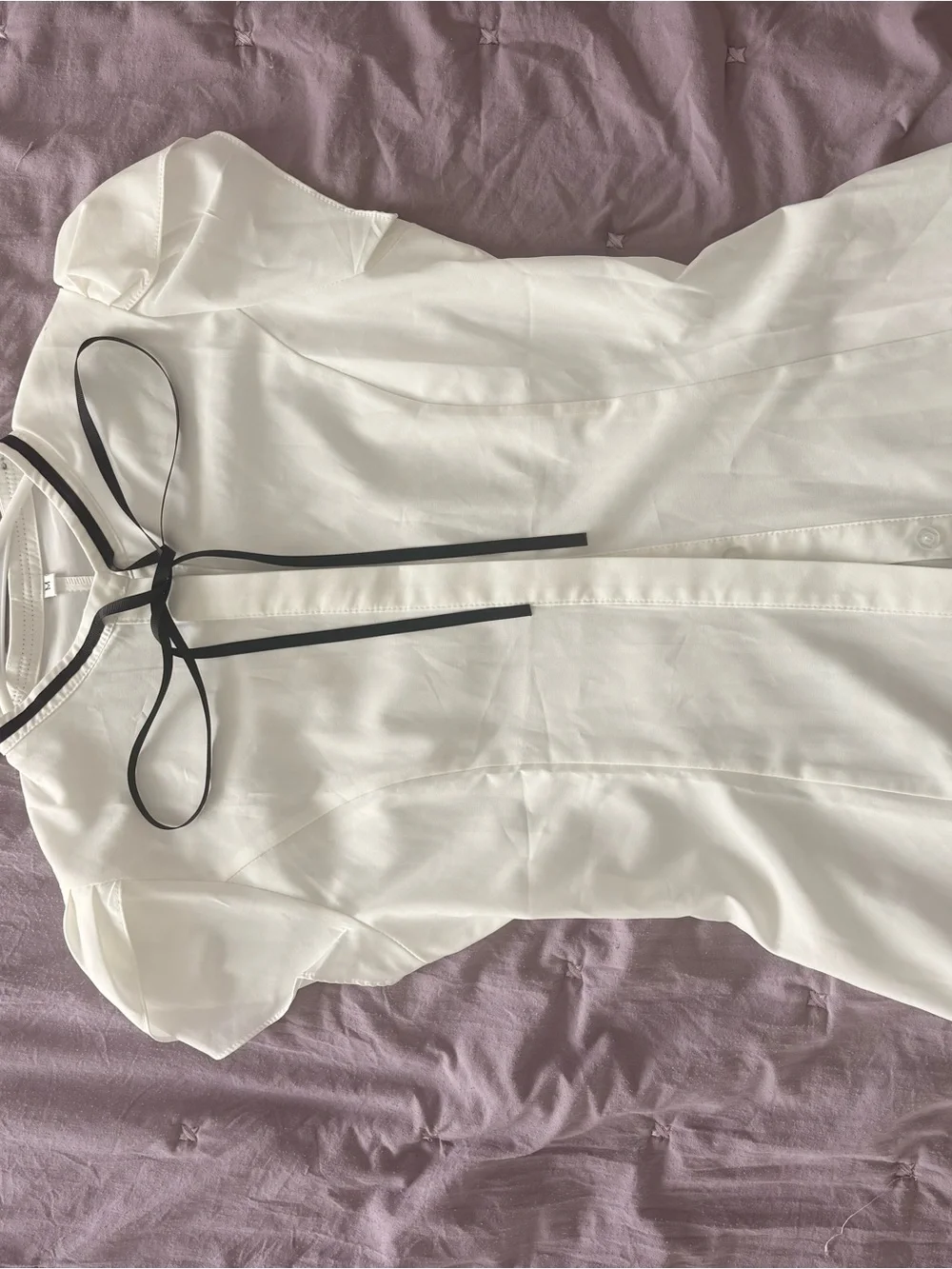 White Short-Sleeve Bow-Tie Blouse with Black Trim